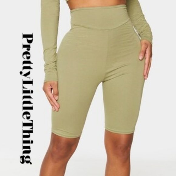 Pretty Little Things Shape Sage Green Cotton Panel Detail Bike Shorts.NWT~Size10 - Picture 1 of 4